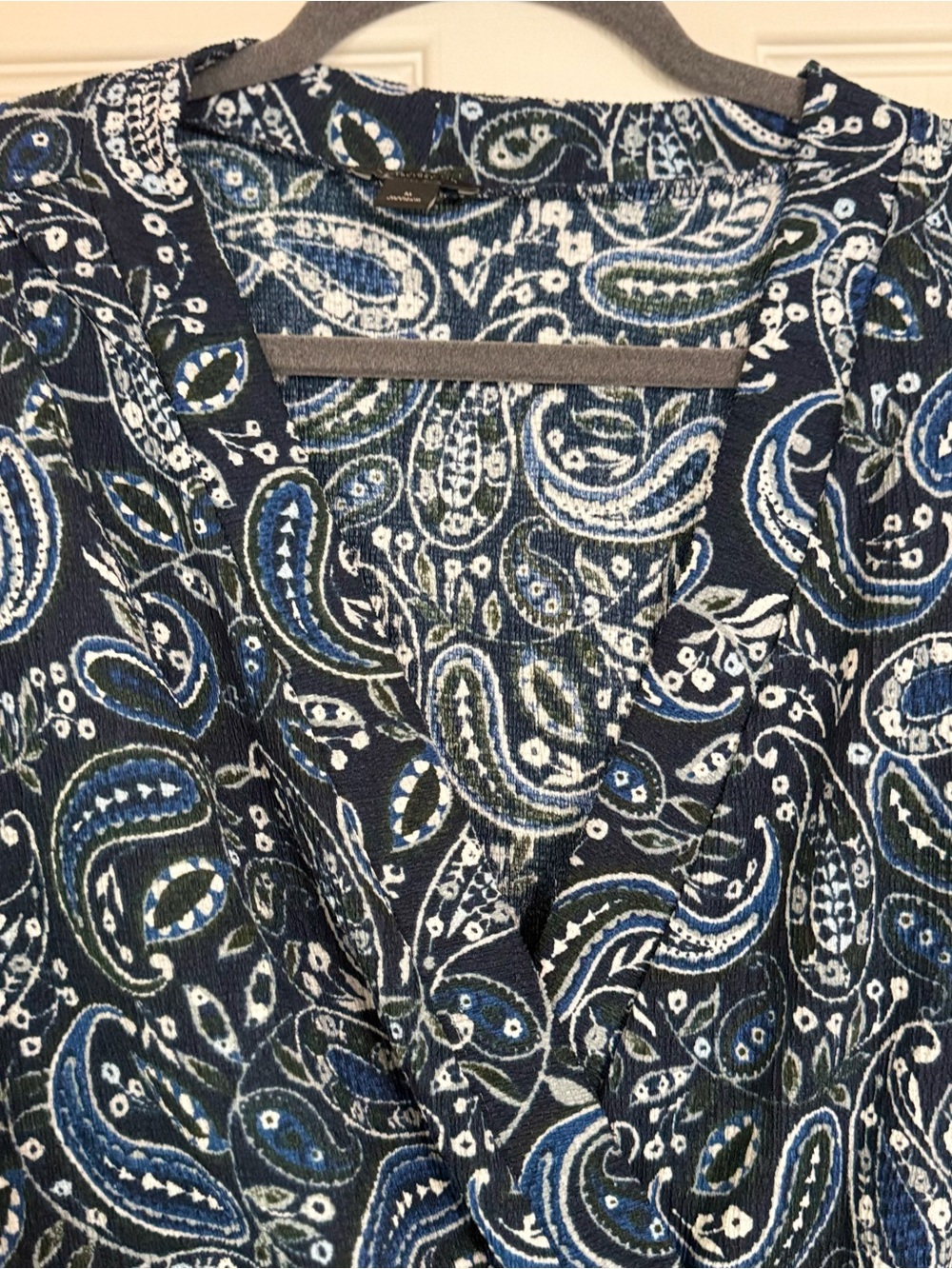 Ann Taylor Factory Navy and White Paisley V-Neck Mock Wrap Blouse